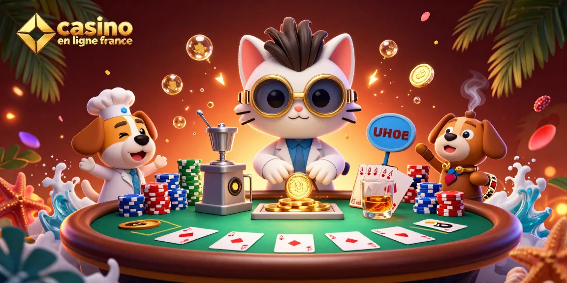 Découvrez l'excitation des jeux dans un casino en ligne France avec des personnages dynamiques autour d'une table de poker.