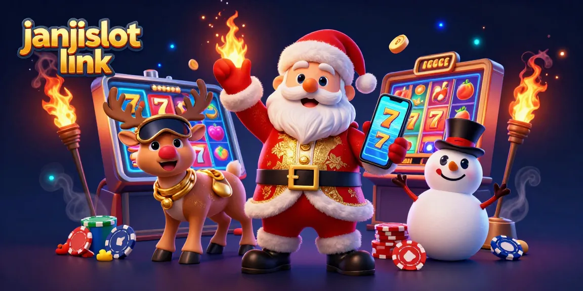 Experience janjislot link with vibrant 3D casino characters and colorful slot game elements set in a festive scene.