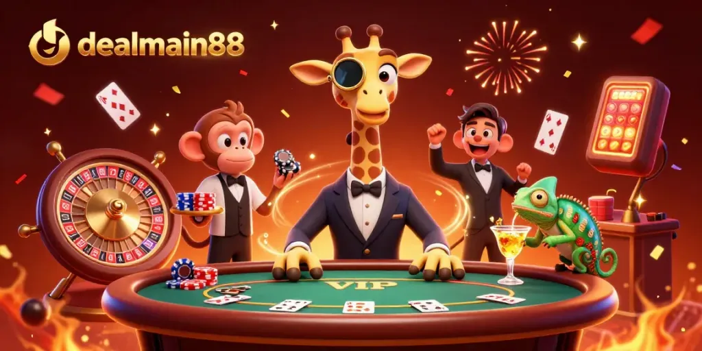 Experience thrilling poker action with dealmain88 showcasing a high-roller giraffe and lively casino elements.