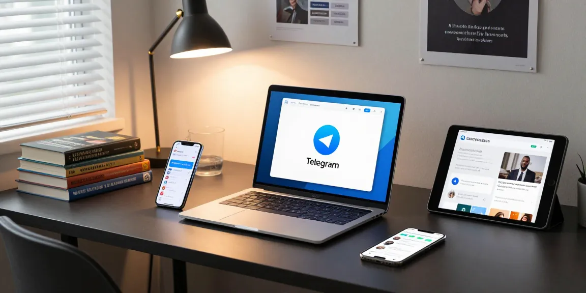 Mastering Telegram China step by step in a modern home office setup with language learning materials.
