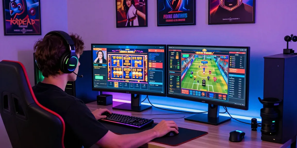 Engaged player exploring daftar raja 328, vibrant online gaming setup with dual monitors.