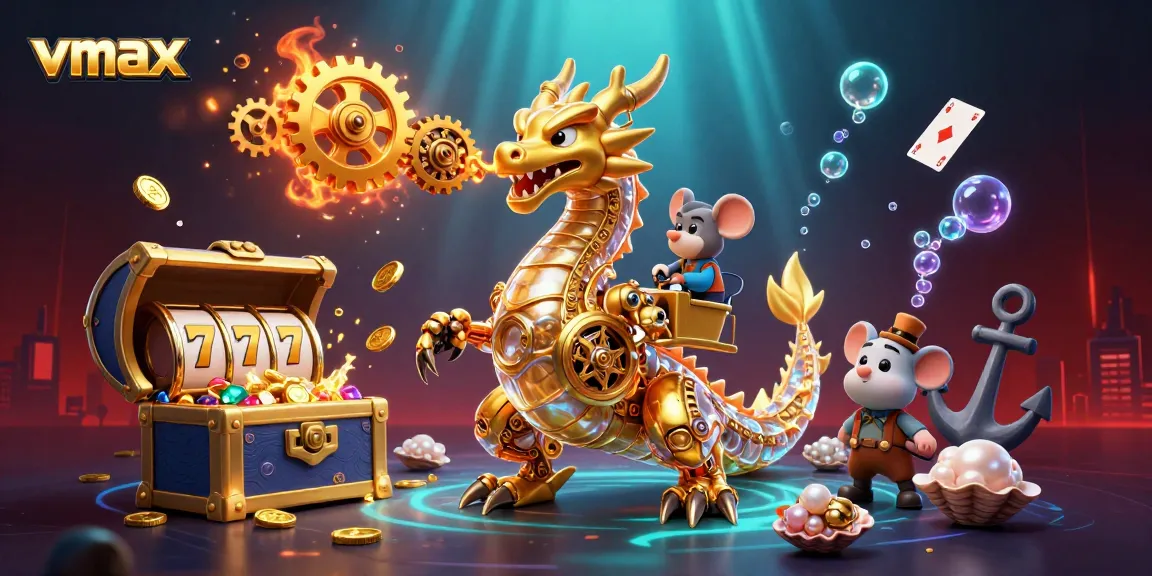 Experience the excitement of vmax at this vibrant online casino themed illustration featuring games and treasures.