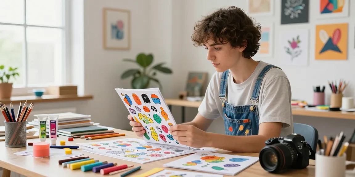 Artist engaged with a colorful reusable sticker book in a vibrant studio, surrounded by art supplies.