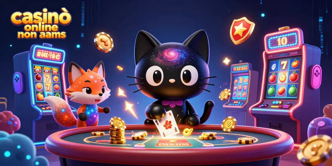 Gioca nei casinò online non aams con il gatto nero buco nero al tavolo cosmico, circondato da slot e colori.