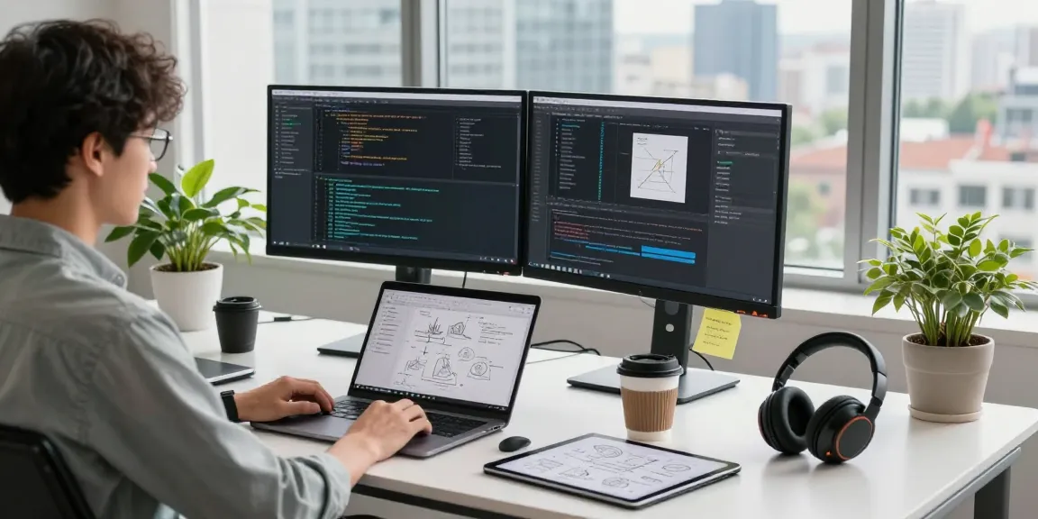 Developer working in a modern tech workspace at teiegramin.com, showcasing coding and creativity.