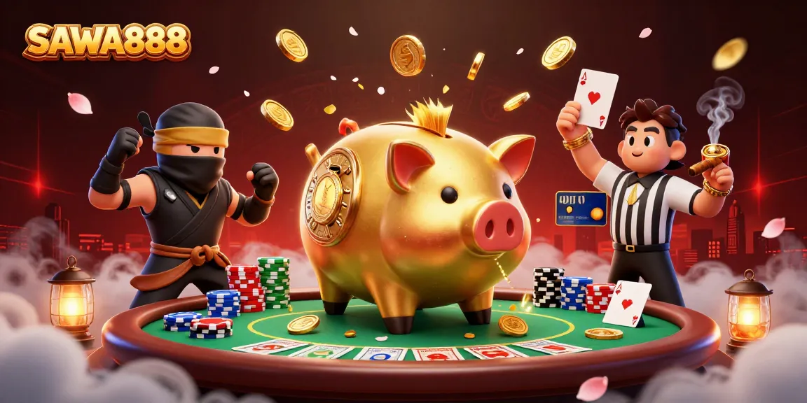 Battle at SAWA888 as the golden piggy bank sumo wrestler shakes loose coins in a lively casino scene.