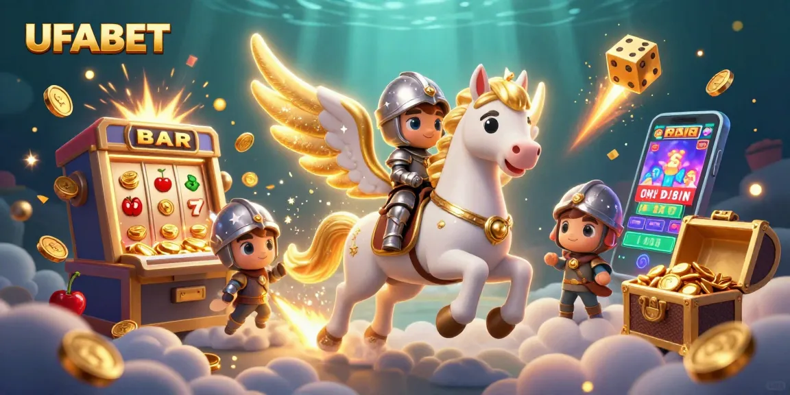 Experience excitement with UFABET's vibrant gaming scene featuring slot machines, golden coins, and celestial characters.