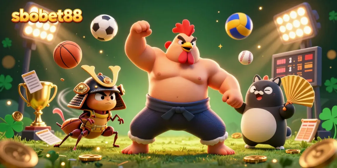 sbobet88 showcases a fierce sumo wrestler rooster and cricket amidst dynamic sports elements, embodying action and excitement.