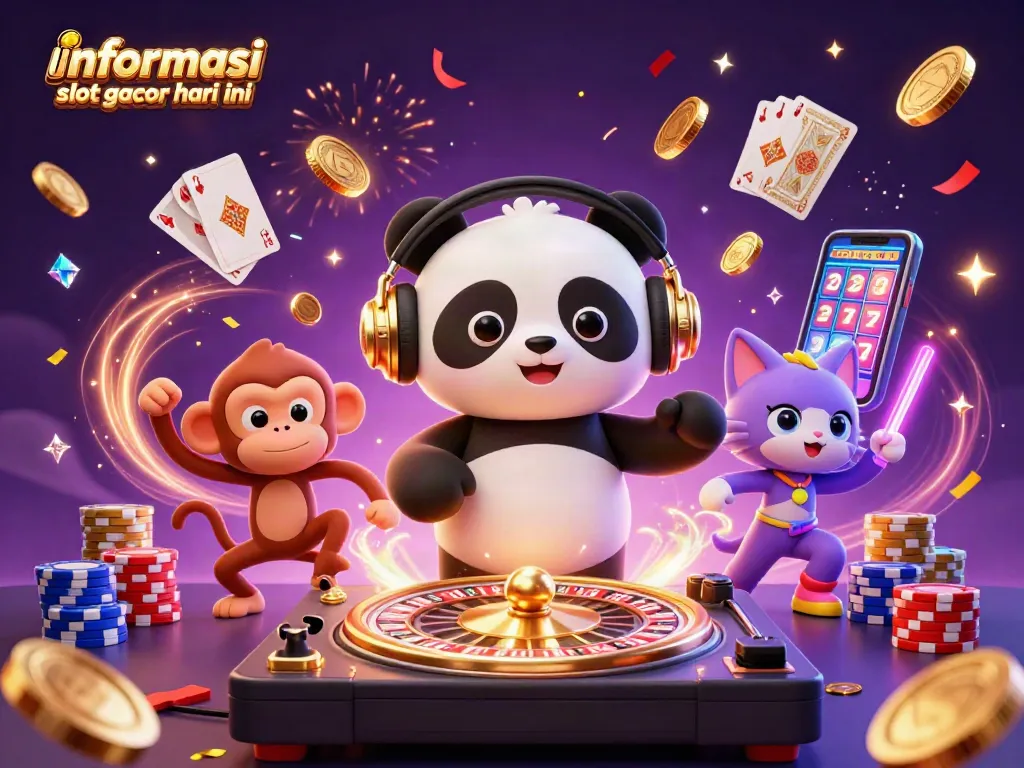 Permainan slot gacor hari ini menampilkan panda DJ, monyet menari dan kucing bersinar di lanskap kasino.
