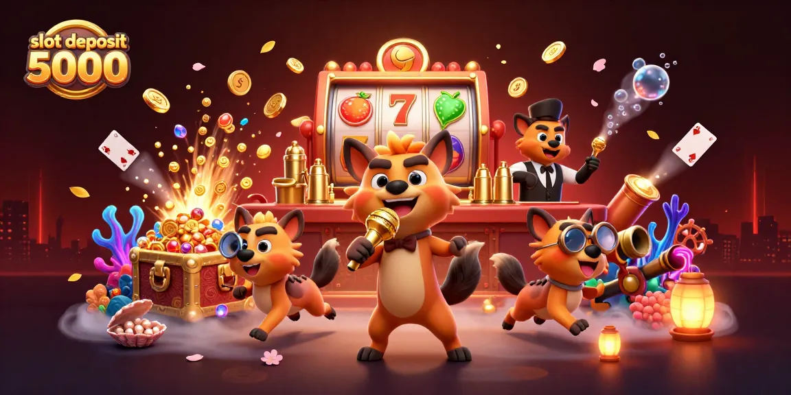 Experience slot deposit 5000 in this dynamic casino scene with vibrant characters and gaming elements.