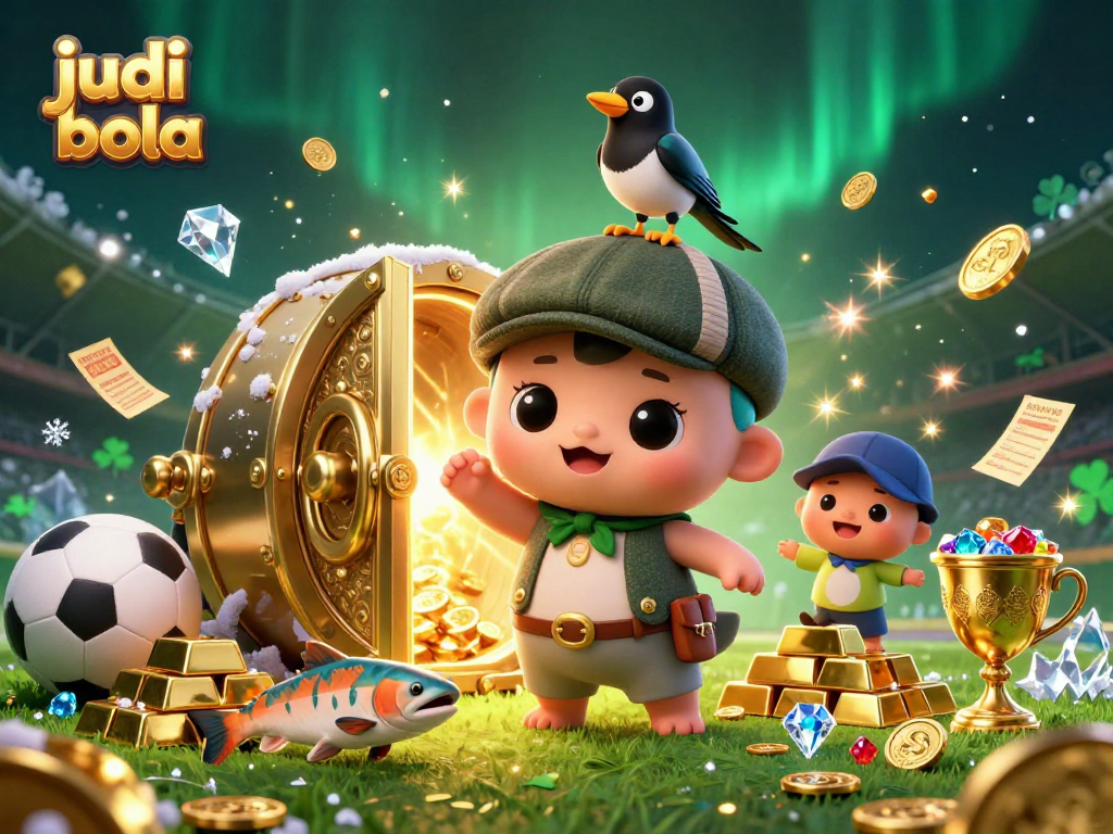 Engage in judi bola action as a playful cartoon Nessie character with gems and sports betting elements surround the scene.
