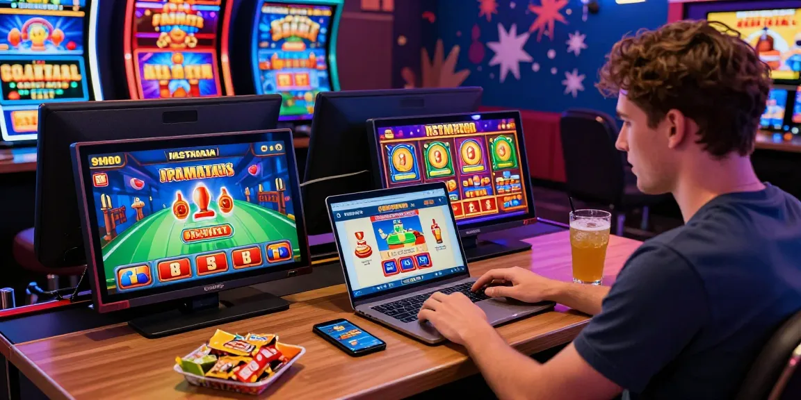 Exciting online casinos Australia scene featuring a player engaged in vibrant gaming action with colorful pokies.