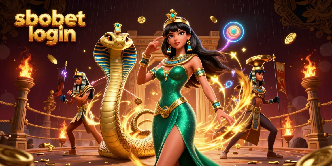 Sbobet login to a vibrant casino scene featuring a stunning woman and golden cobra in an action-packed atmosphere.
