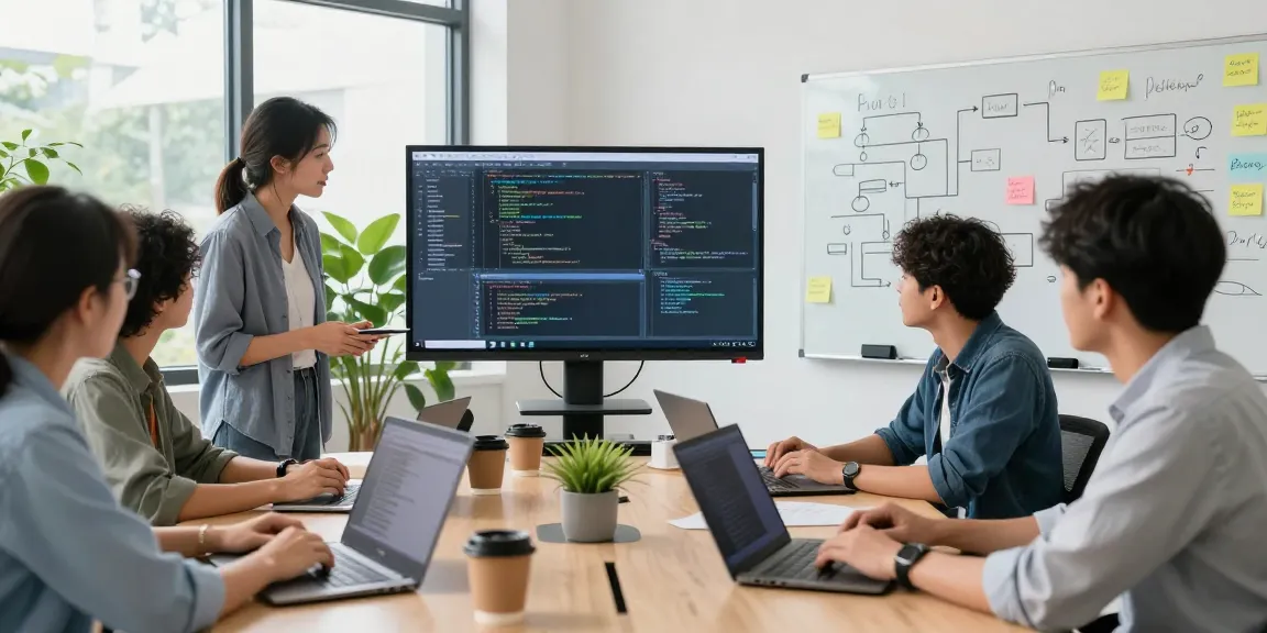 Team collaboration on coding projects at telegraimin.com in a modern office setting.