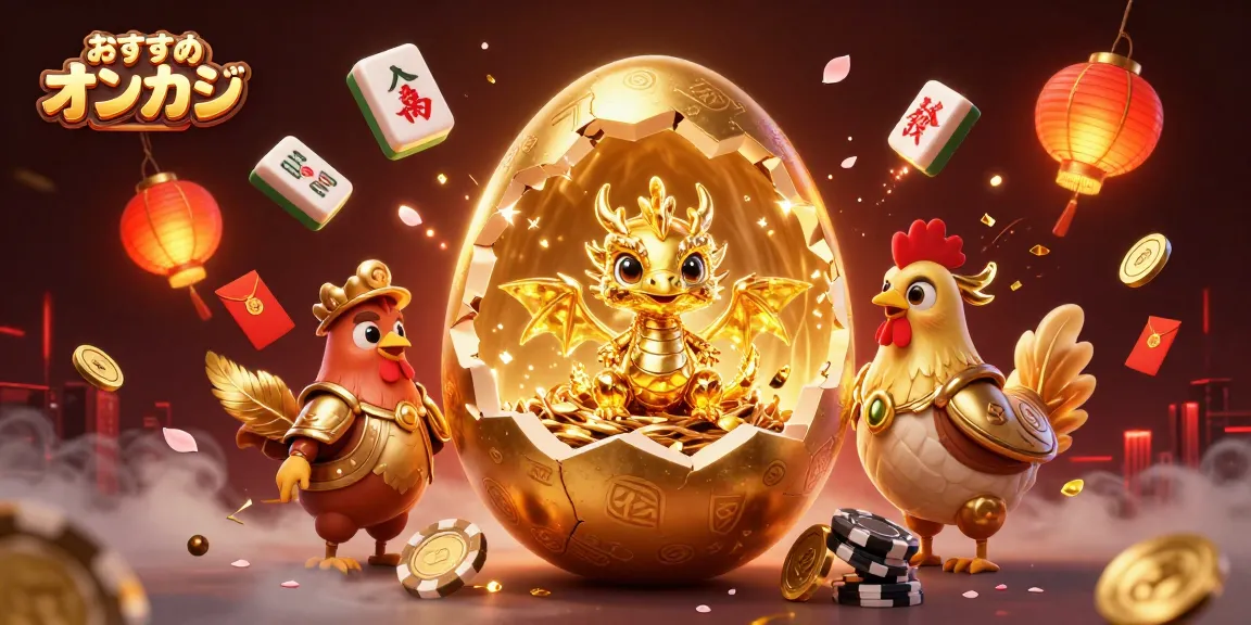 オンラインカジノおすすめオンクジのための豪華なビジュアル、金色のドラゴンとポーカーチップが描かれたシーン。