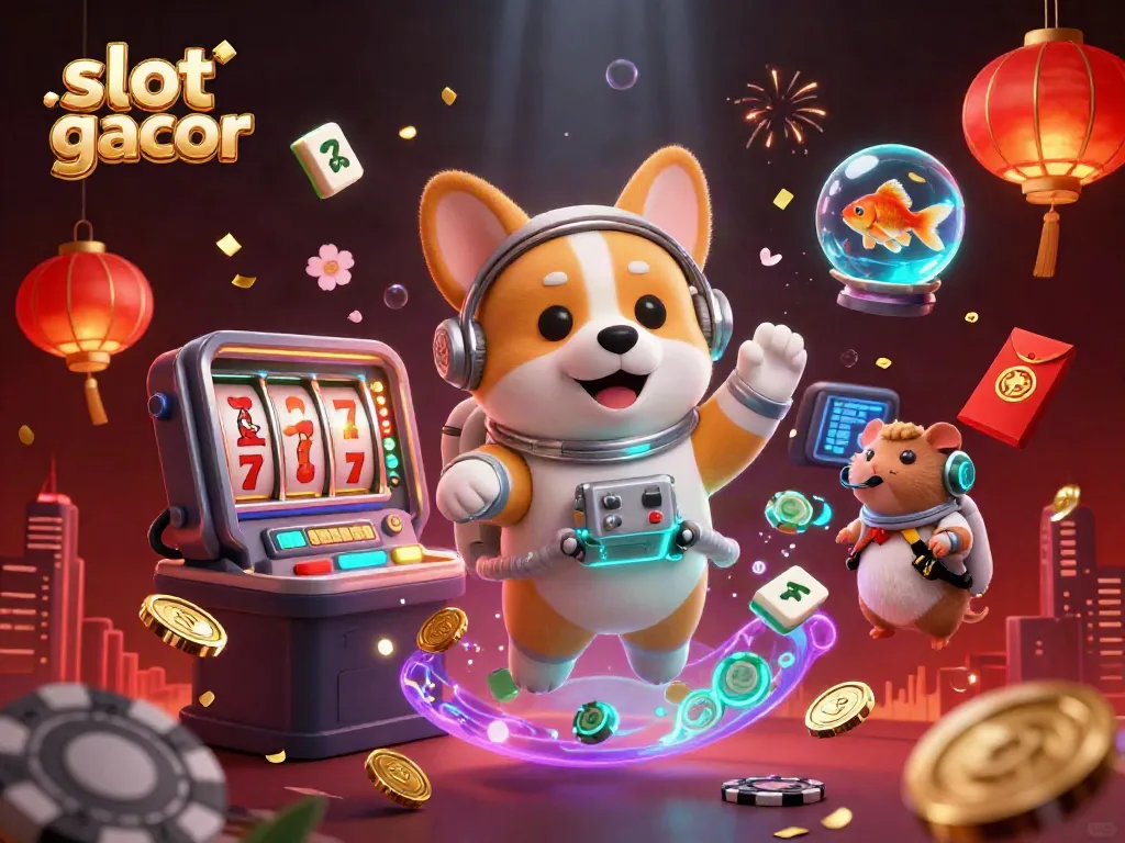 Experience excitement with slot gacor in a vibrant 3D space casino scene featuring characters and game elements.