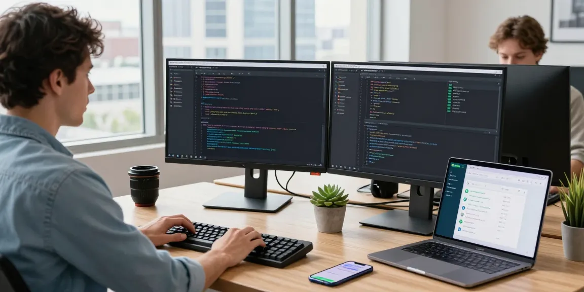 Developer utilizing OpenClaw AI assistant on dual monitors in a modern tech workspace