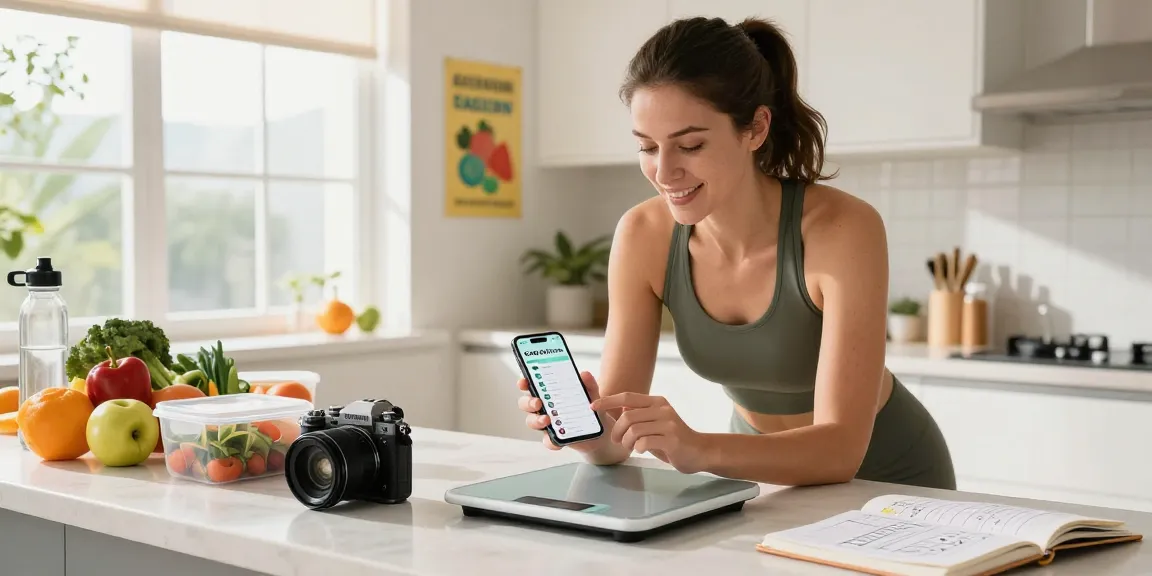 Using the best AI calorie tracker app to plan healthy meals in a vibrant kitchen.
