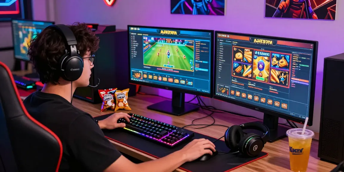 Engaged gamer enjoying raja328 situs with dual screens, vibrant slots, and sports odds displayed.