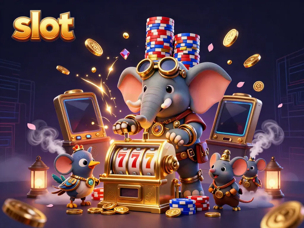 Engaging 3D steampunk elephant operating a golden slot machine amidst dazzling casino elements.