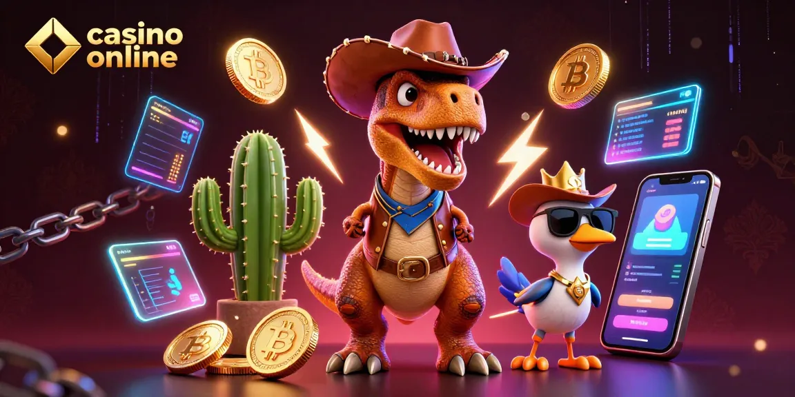 Gioca nei migliori casino online con l'illustrazione di un T-Rex cowboy e amici in un'atmosfera vivace.