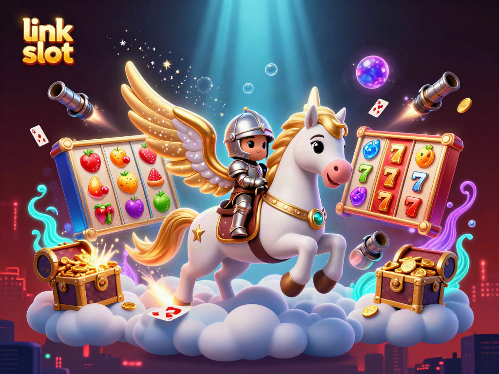 Experience the thrill of link slot gameplay with a knight riding a celestial horse amidst vibrant casino elements.