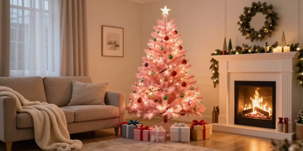 Festive small pink Christmas tree decorated for a joyful holiday setting.