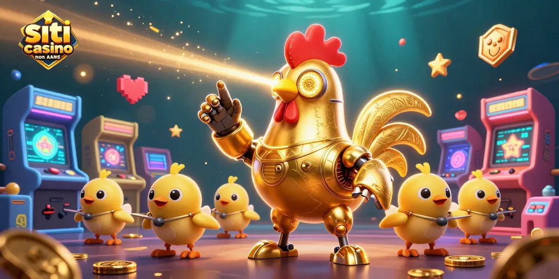 Scopri i migliori siti casino non AAMS con un'illustrazione frizzante di un robot gallo perfetto per il divertimento.