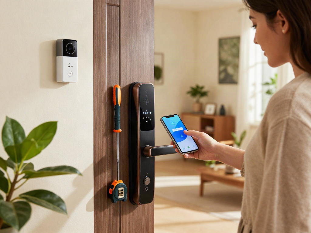 Smart lock قفل هوشمند installation by a woman, showcasing modern home security technology.