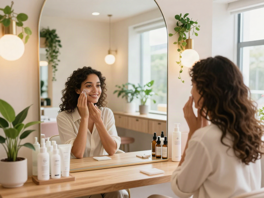 Woman assessing how old do I look while receiving skincare treatment in a modern beauty salon.