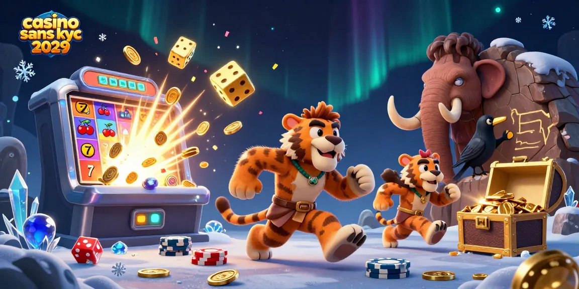 Jouez à des jeux de casino sans KYC 2029 dans une scène animée d'un casino préhistorique rempli de jackpots.