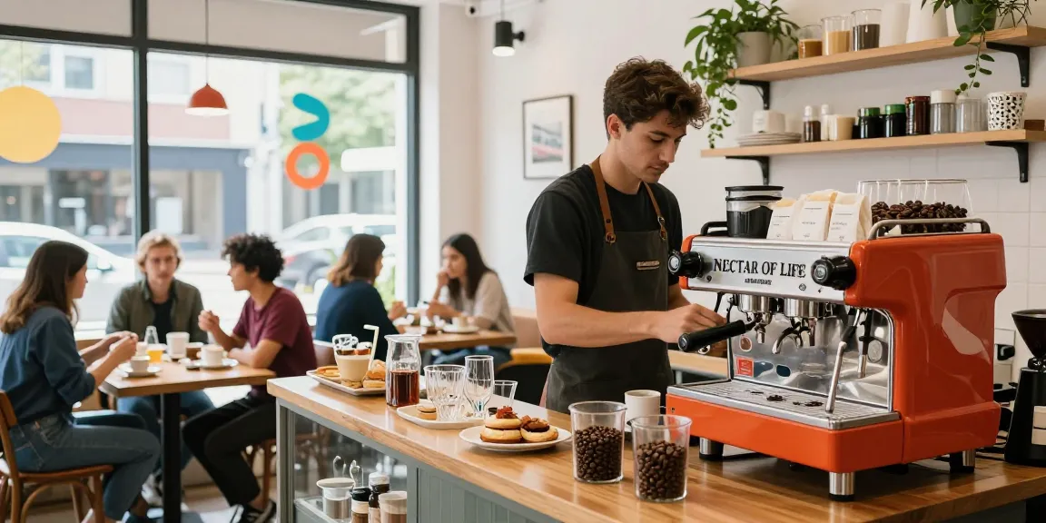 Nectar of Life white coffee preparation at a trendy café with vibrant atmosphere.