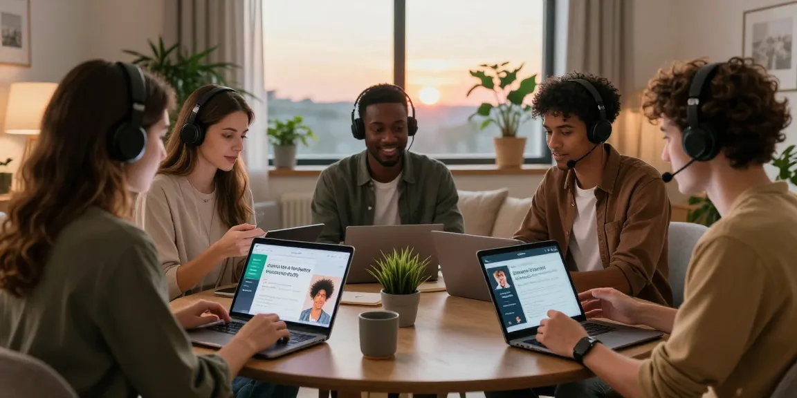 Engaging group discussing free ai sex chat on digital platform in inviting living room.