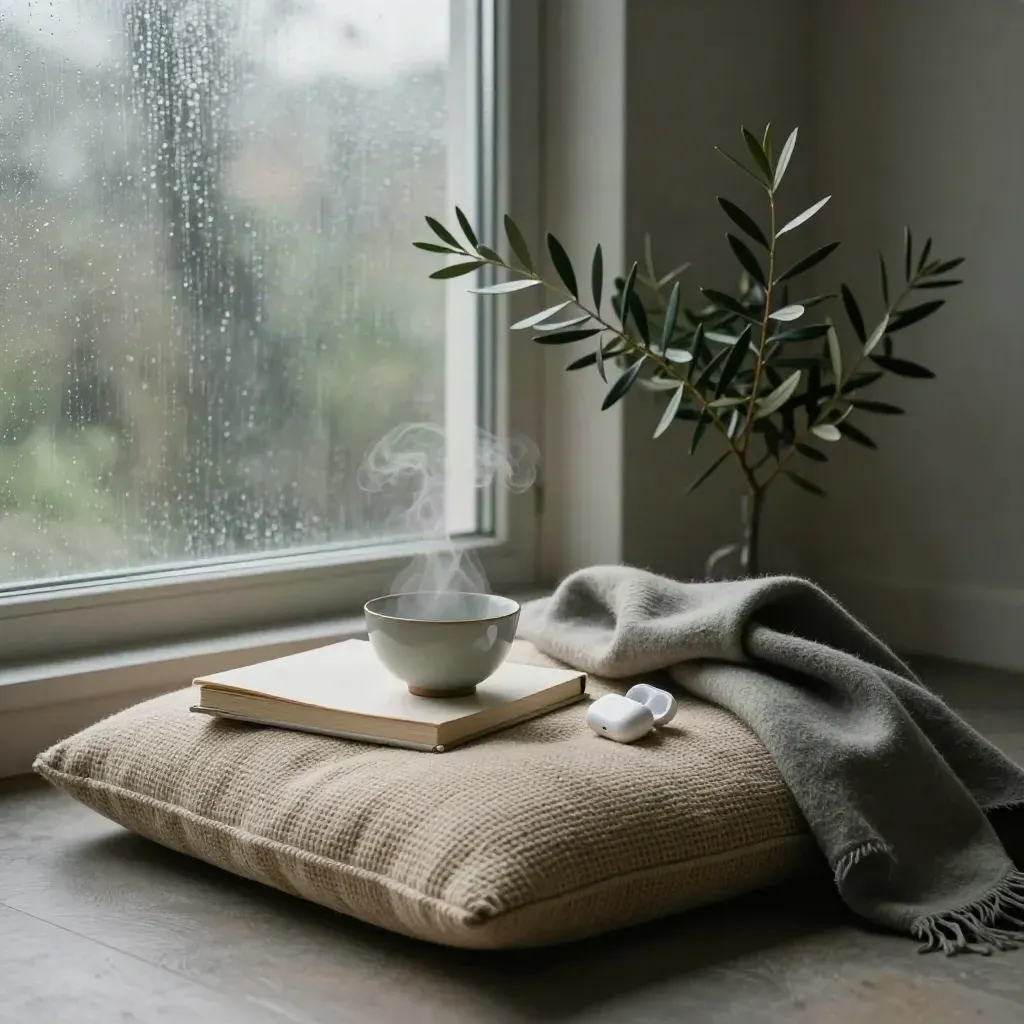 Moody dawn-lit wellness corner with cushion, journal, tea bowl, throw, earbuds and olive plant.