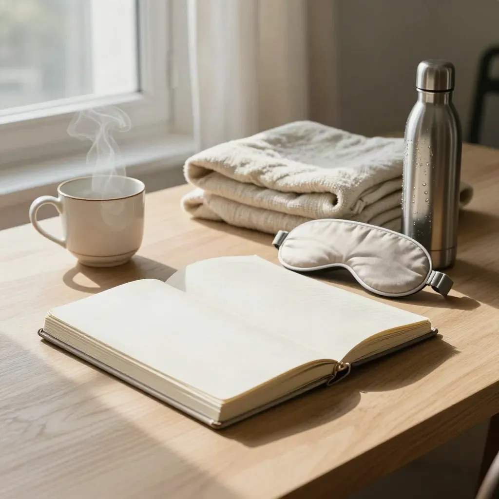 Closed planner, tea, blanket, sleep mask, and water bottle in a bright Sunday morning reset scene.