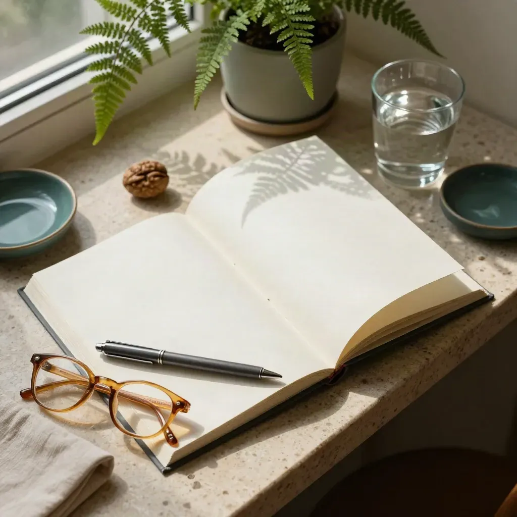 Top-down journal, glasses, fern and water on a warm writing nook with soft window light.