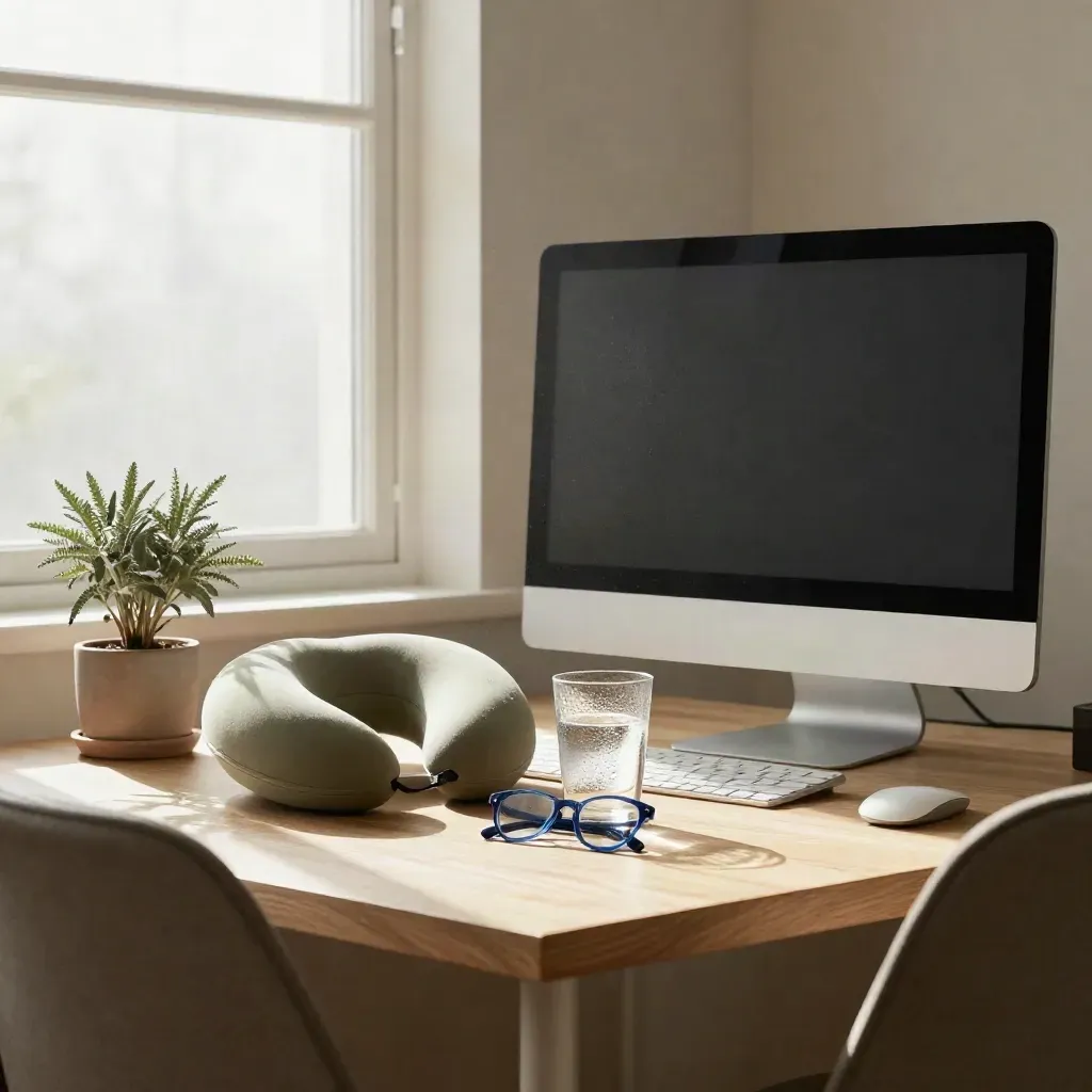 Cleared workspace with monitor, neck roll, glasses, water glass, and a small plant in afternoon light.