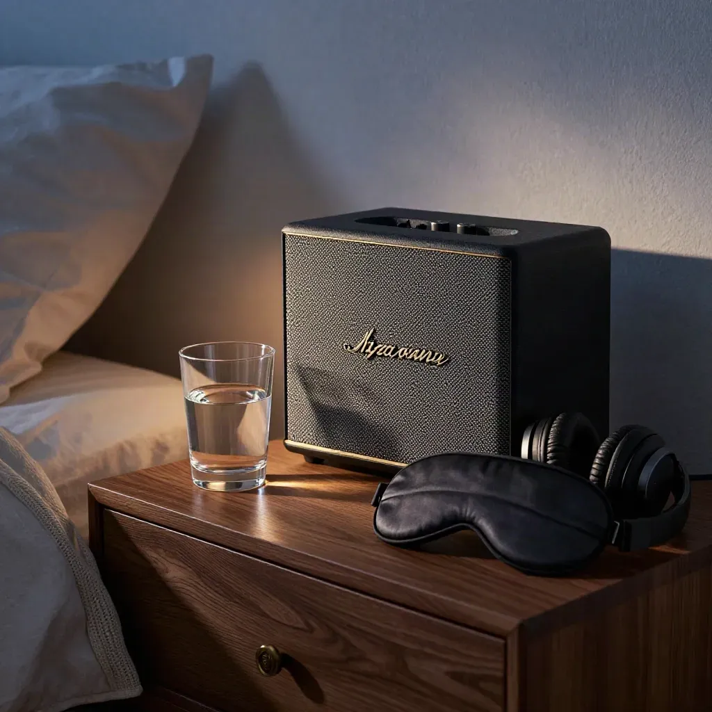 Bedside speaker, headphones, water glass, sleep mask and cardigan in a dim wind-down room.
