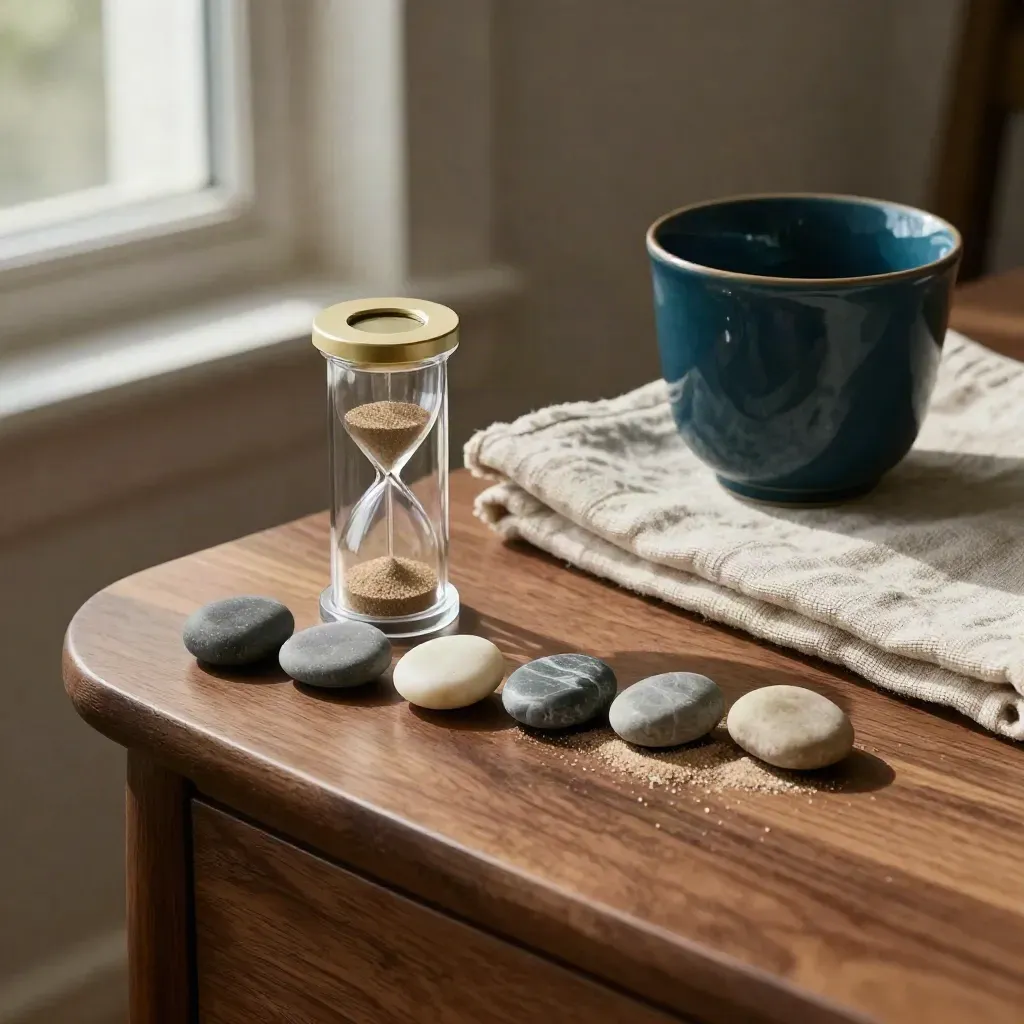 Five pebbles, sand timer, linen cloth and teal cup on a sunlit walnut table.