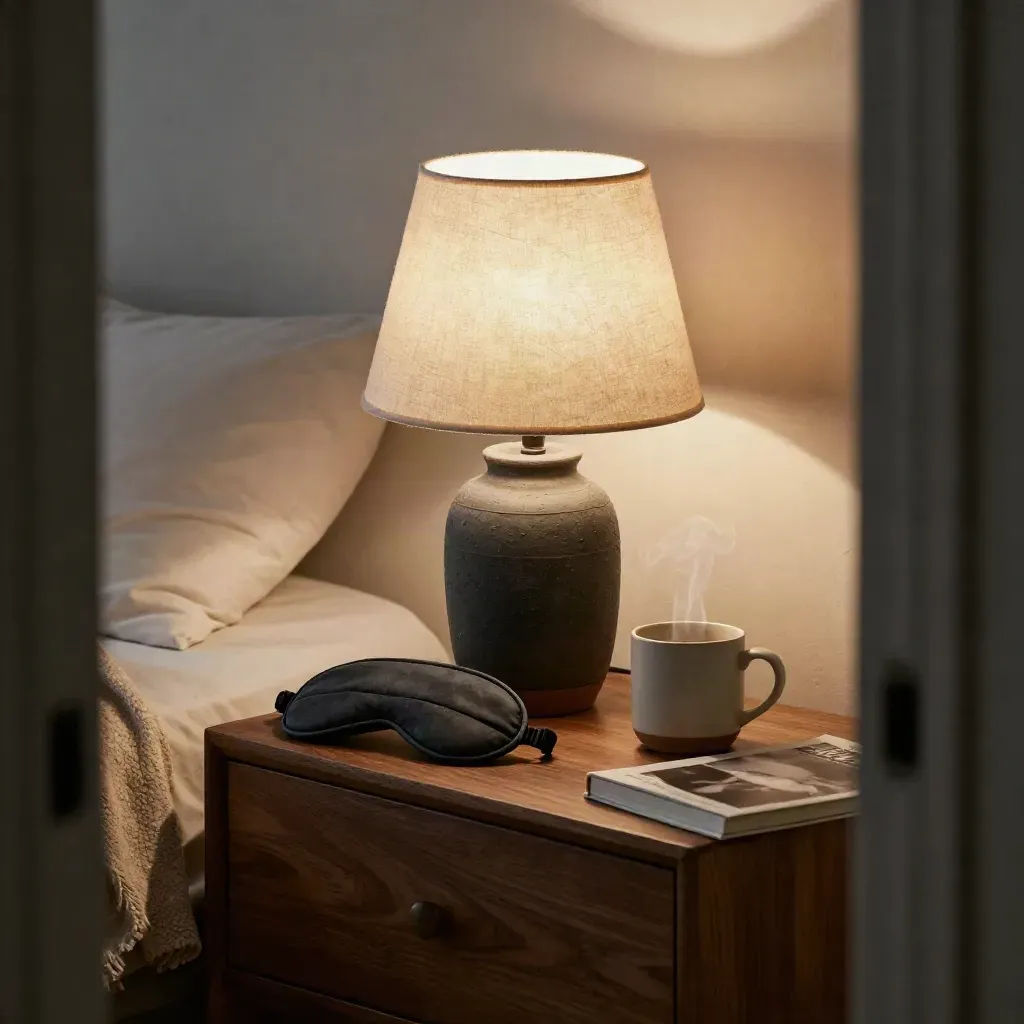 Bedside lamp, sleep mask, mug, blanket and paperback on a nightstand as bedtime winds down.
