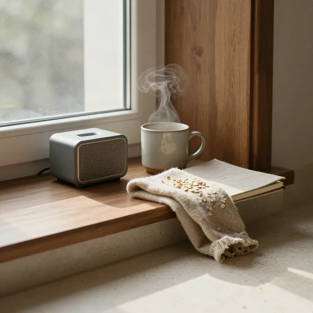Cozy morning reset nook with speaker, mug, throw and notebook by a sunlit window.