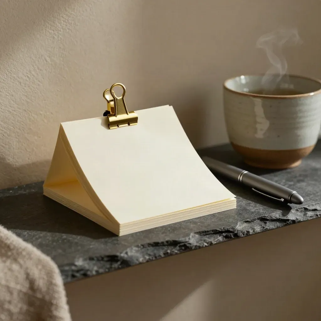 Blank note cards, capped pen, brass clip and ceramic cup on a slate shelf in calm daylight.
