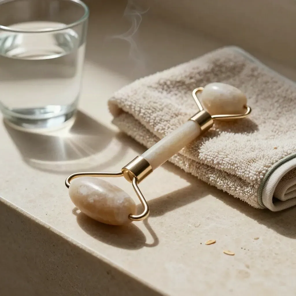 Neck roller, smooth stone, towel, and water glass on a pale spa bench in soft afternoon light.