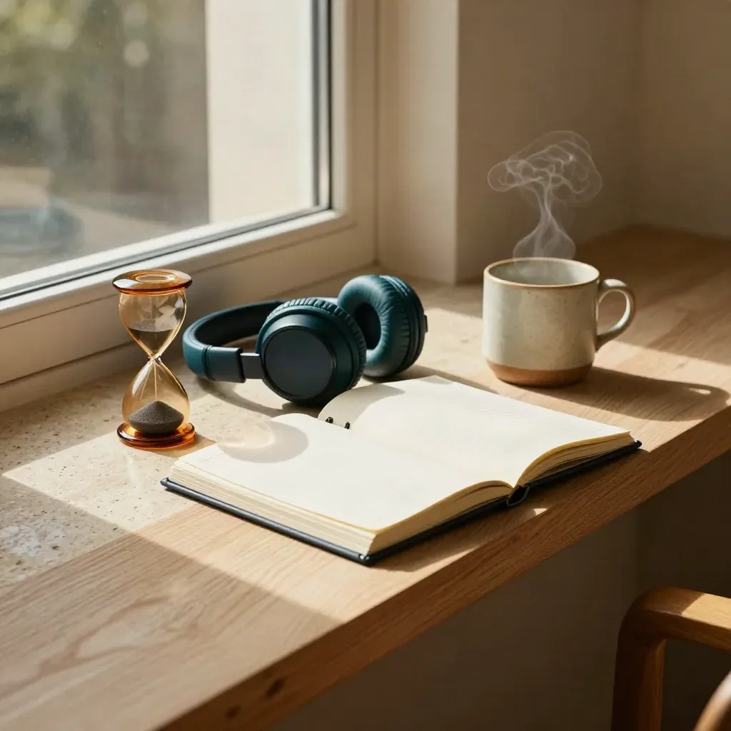 Headphones, sand timer, notebook and steaming mug by a sunlit window in a calm pre-call routine.