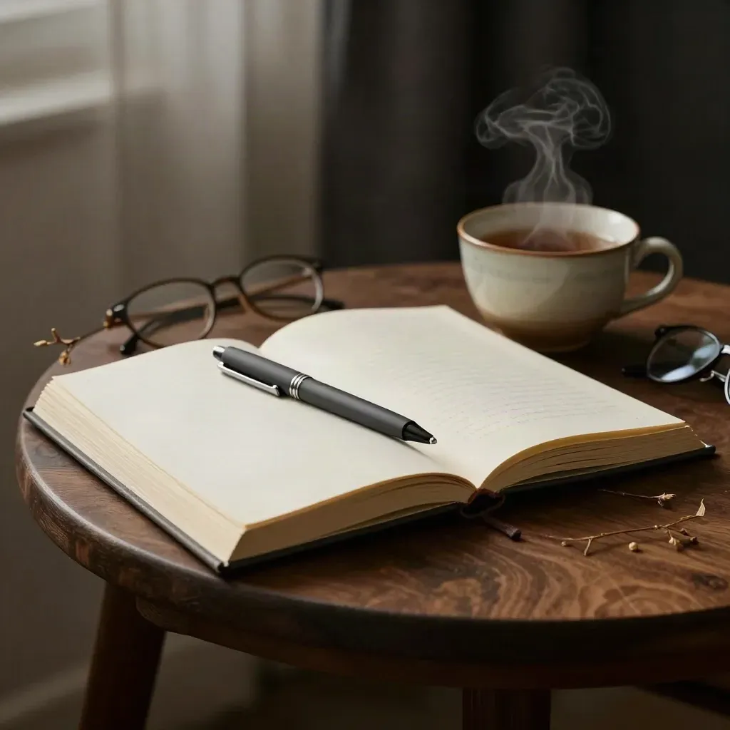 Open Sunday journal page with tea, pen, dried stem, and blurred glasses on a dark wooden table.