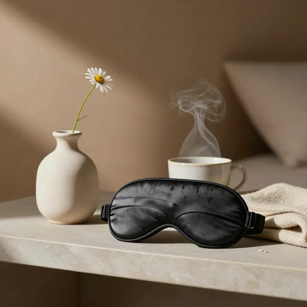 Charcoal sleep mask, steaming ceramic cup, chamomile stem and folded wool on a bedside shelf.