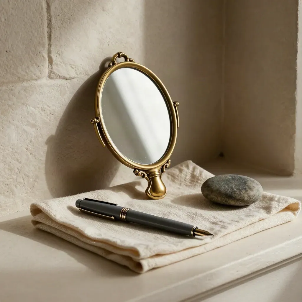 Brass mirror, fountain pen, stone and linen on a plaster sill in soft window light.
