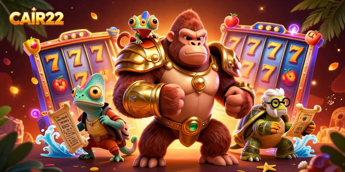 CAIR22 menangkan jackpot besar dengan gorila raja, chameleon, dan kura-kura dalam ilustrasi kasino.