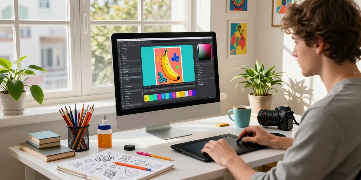 Digital artist editing vibrant AI-generated images with Nano Banana in a lively workspace.