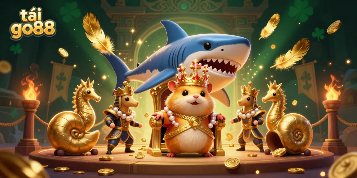 Tải go88 to experience a dynamic casino-themed illustration with a golden hamster king and seahorse guards.